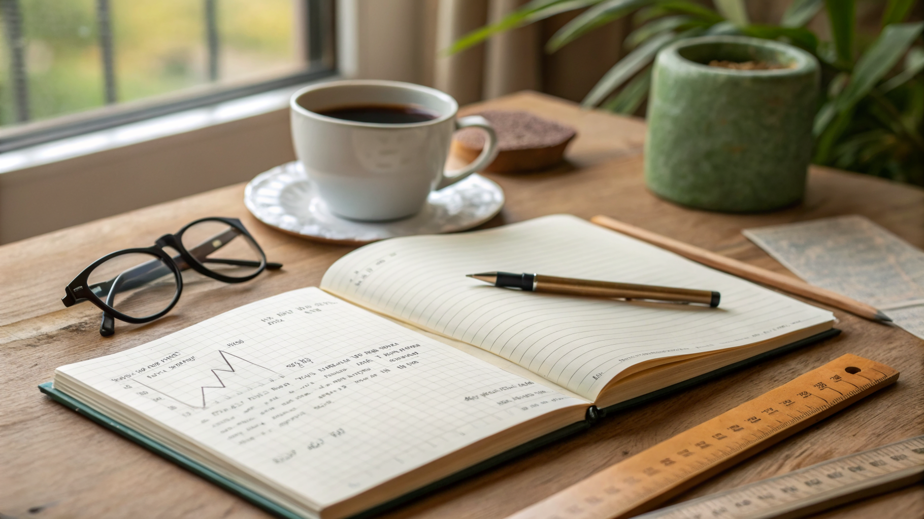 A quiet desk with research notes and a printed share-price chart